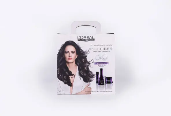 אריזות לקוסמטיקה לחברת LOREAL מפוליפרופילן בצבע לבן, סדרת PRO FIBER לשיער פגום. שימוש בלכה ולמינציה על המארז