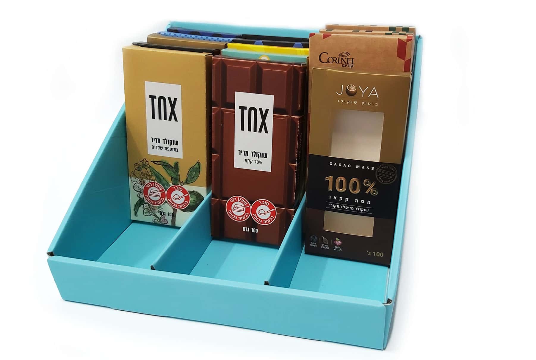 אריזות מזון ייחודיות לשוקולדים של TNX ו- JOYA. האריזות בנויות ממספר שכבות שישמרו על איכות המוצר והטריות שלהם. המארזים עשויים ממגוון חומרי גלם. שימוש במכונות HP INDIGO להדפסה והשבחה